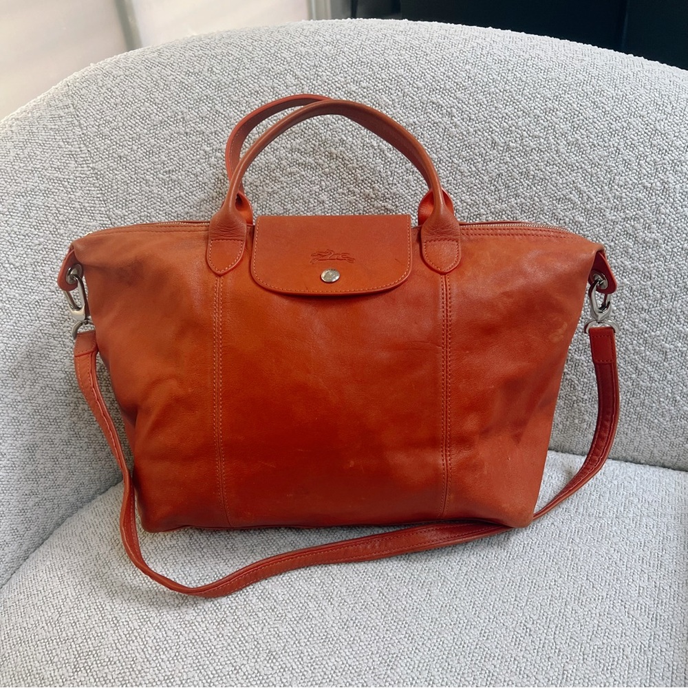 longchamp le pliage cur leather orange bag (medium size)